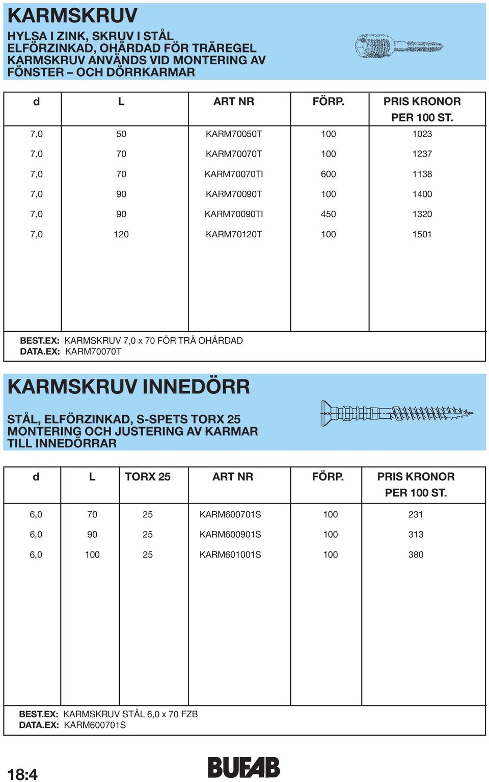 100 1501 BEST.EX: KARMSKRUV 7,0 x 70 FÖR TRÄ OHÄRDAD DATA.