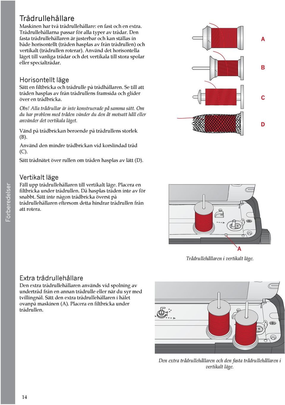 Använd det horisontella läget till vanliga trådar och det vertikala till stora spolar eller specialtrådar. Horisontellt läge Sätt en filtbricka och trådrulle på trådhållaren.