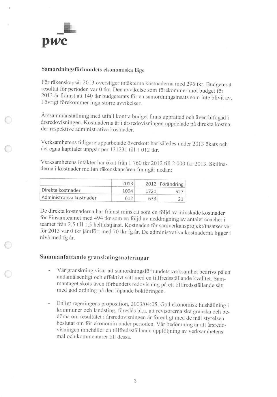 Den avvikelse som förekommer mot budget för Sarnordningsförbundets ekonomiska läge 3 mål och kommentarer till dessa. beslutat om för ekonomin under perioden.