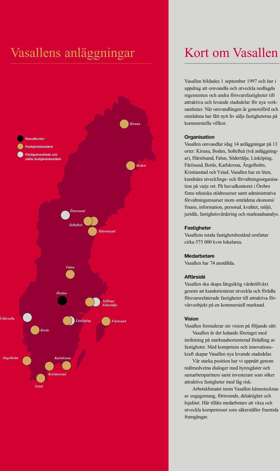 Huvudkontor Fastighetsbestånd Färdigutvecklade och sålda fastighetsbestånd Östersund Boden Organisation Vasallen omvandlar idag 14 anläggningar på 13 orter: Kiruna, Boden, Sollefteå (två