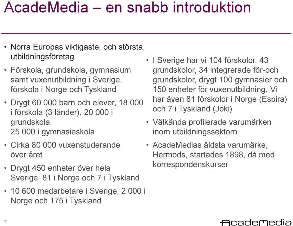 600 medarbetare i Sverige, 2 000 i Norge och 175 i Tyskland I Sverige har vi 104 förskolor, 43 grundskolor, 34 integrerade för-och grundskolor, drygt 100 gymnasier och 150 enheter för vuxenutbildning.