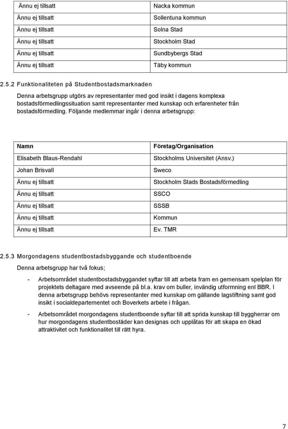 från bostadsförmedling. Följande medlemmar ingår i denna arbetsgrupp: Namn Elisabeth Blaus-Rendahl Johan Brisvall Företag/Organisation Stockholms Universitet (Ansv.