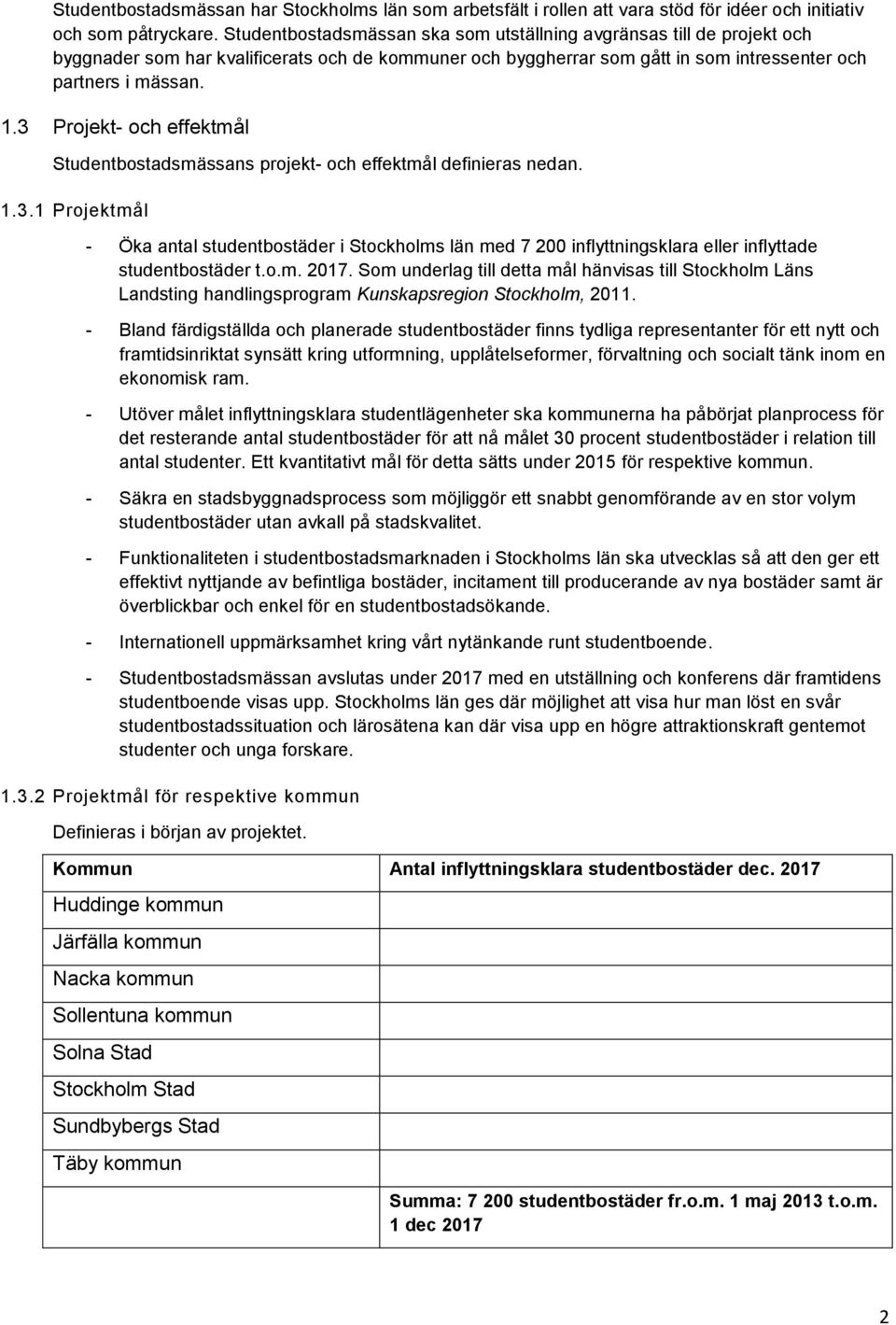 3 Projekt- och effektmål Studentbostadsmässans projekt- och effektmål definieras nedan. 1.3.1 Projektmål - Öka antal studentbostäder i Stockholms län med 7 200 inflyttningsklara eller inflyttade studentbostäder t.