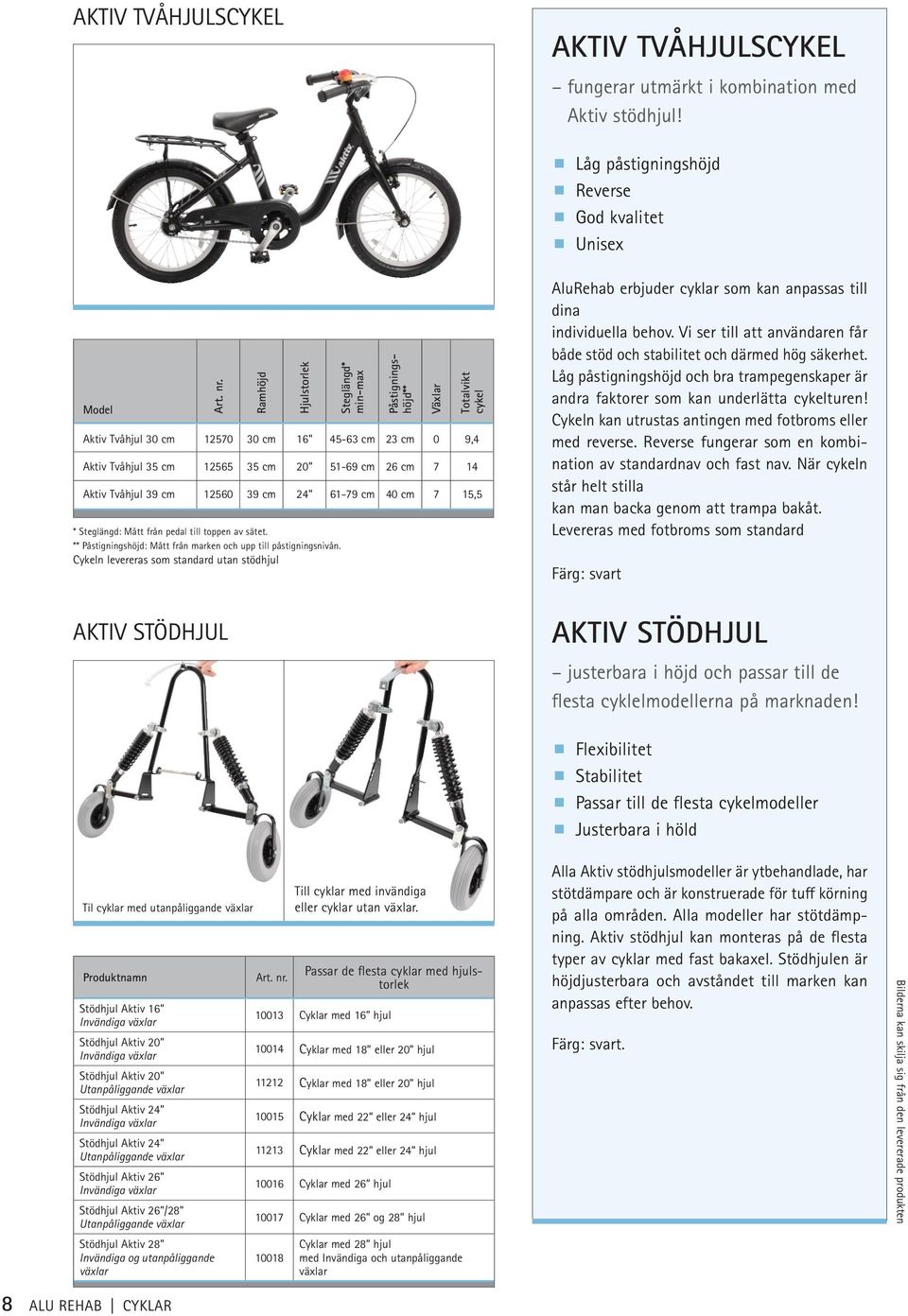 Aktiv Tvåhjul 39 cm 12560 39 cm 24 61-79 cm 40 cm 7 15,5 Cykeln levereras som standard utan stödhjul AluRehab erbjuder cyklar som kan anpassas till dina individuella behov.