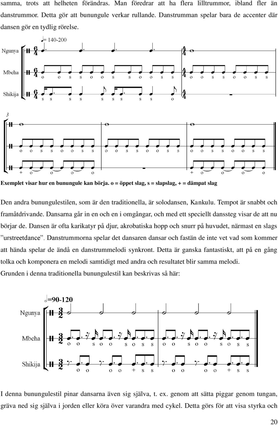 o = öppet slag, s = slapslag, + = dämpat slag Den andra bunungulestilen, som är den traditionella, är solodansen, Kankulu. Tempot är snabbt och framåtdrivande.