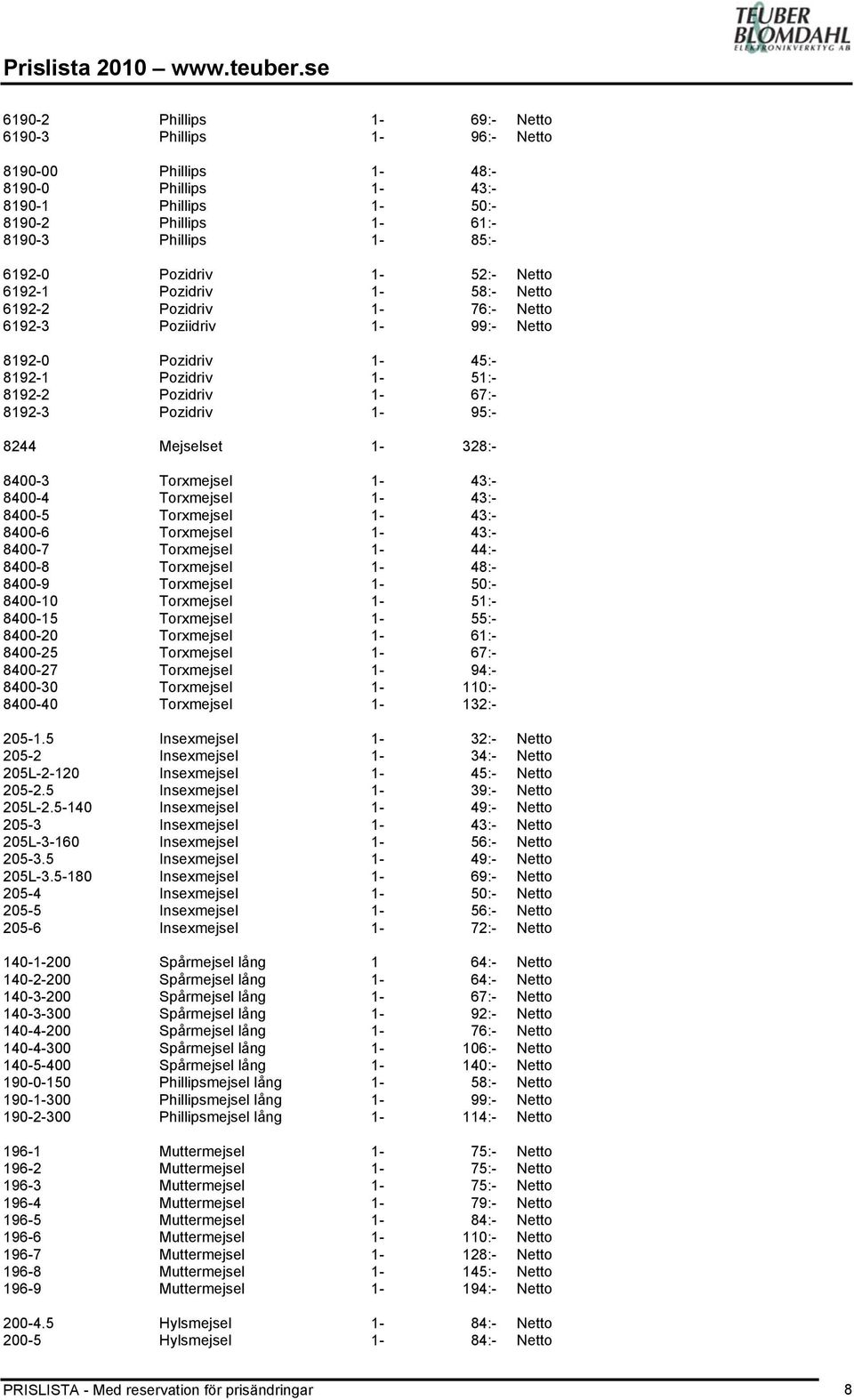 Torxmejsel 43:- 8400-6 Torxmejsel 43:- 8400-7 Torxmejsel 44:- 8400-8 Torxmejsel 48:- 8400-9 Torxmejsel 50:- 8400-10 Torxmejsel 51:- 8400-15 Torxmejsel 55:- 8400-20 8400-25 8400-27 8400-30 8400-40