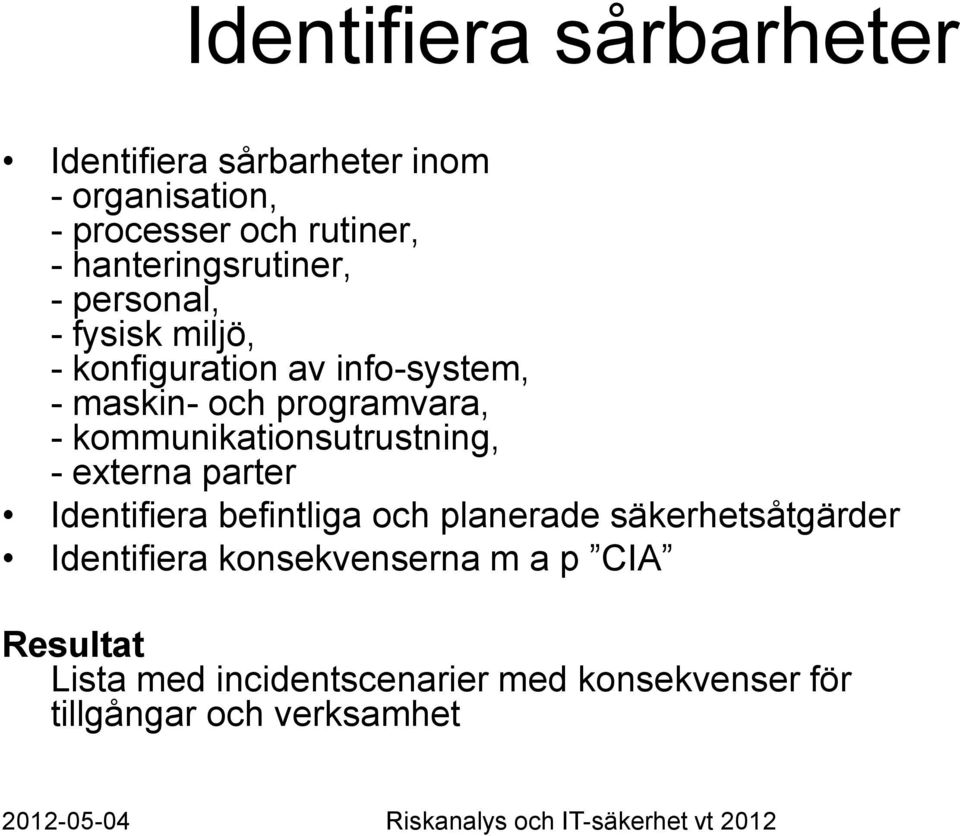 - kommunikationsutrustning, - externa parter Identifiera befintliga och planerade säkerhetsåtgärder