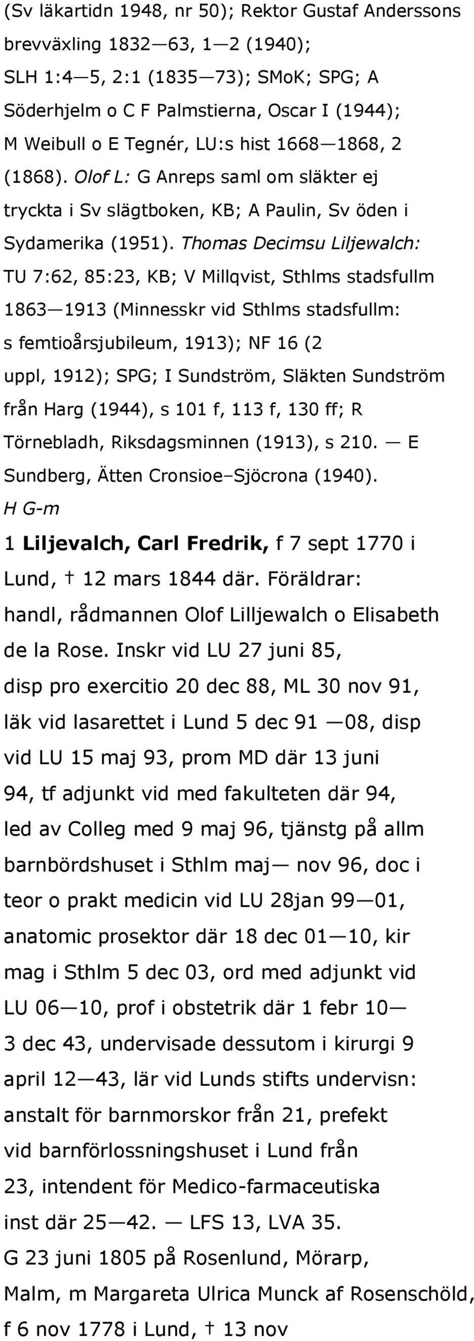 Thomas Decimsu Liljewalch: TU 7:62, 85:23, KB; V Millqvist, Sthlms stadsfullm 1863 1913 (Minnesskr vid Sthlms stadsfullm: s femtioårsjubileum, 1913); NF 16 (2 uppl, 1912); SPG; I Sundström, Släkten