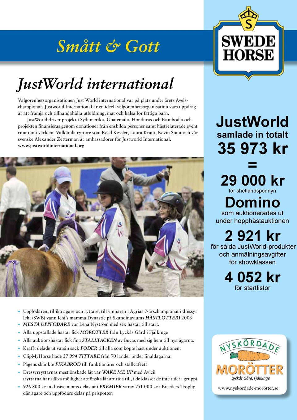 JustWorld driver projekt i Sydamerika, Guatemala, Honduras och Kambodja och projekten finansieras genom donationer från enskilda personer samt hästrelaterade event runt om i världen.