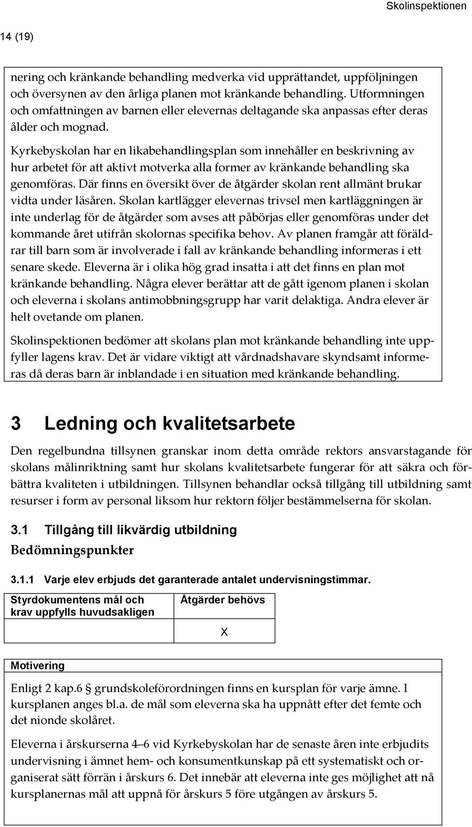 Kyrkebyskolan har en likabehandlingsplan som innehåller en beskrivning av hur arbetet för att aktivt motverka alla former av kränkande behandling ska genomföras.