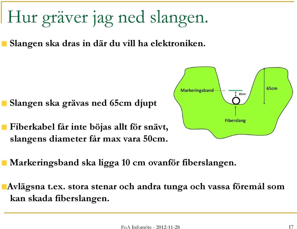 diameter får max vara 50cm. Markeringsband ska ligga 10 cm ovanför fiberslangen.