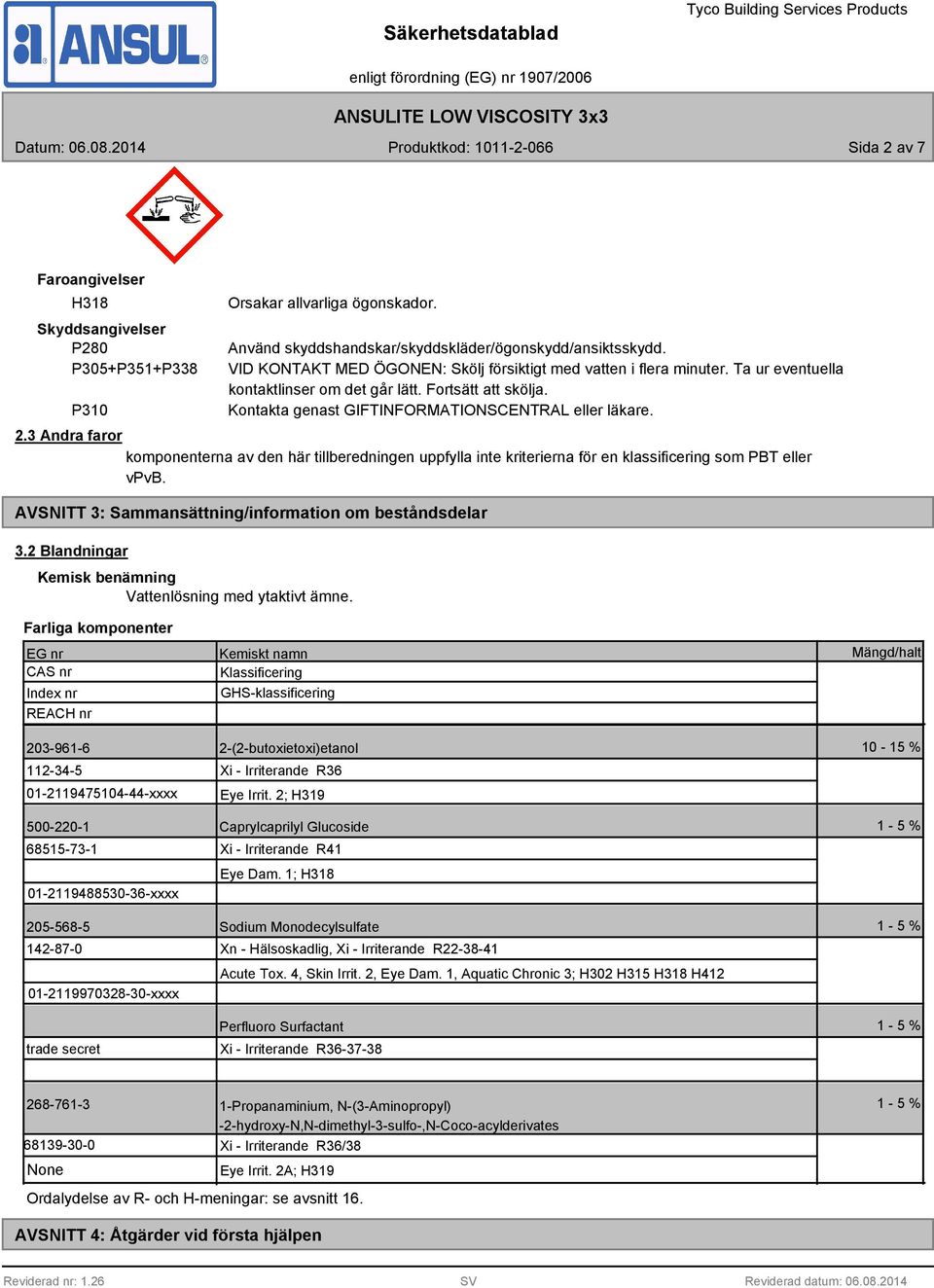 3 Andra faror komponenterna av den här tillberedningen uppfylla inte kriterierna för en klassificering som PBT eller vpvb. AVSNITT 3: Sammansättning/information om beståndsdelar 3.