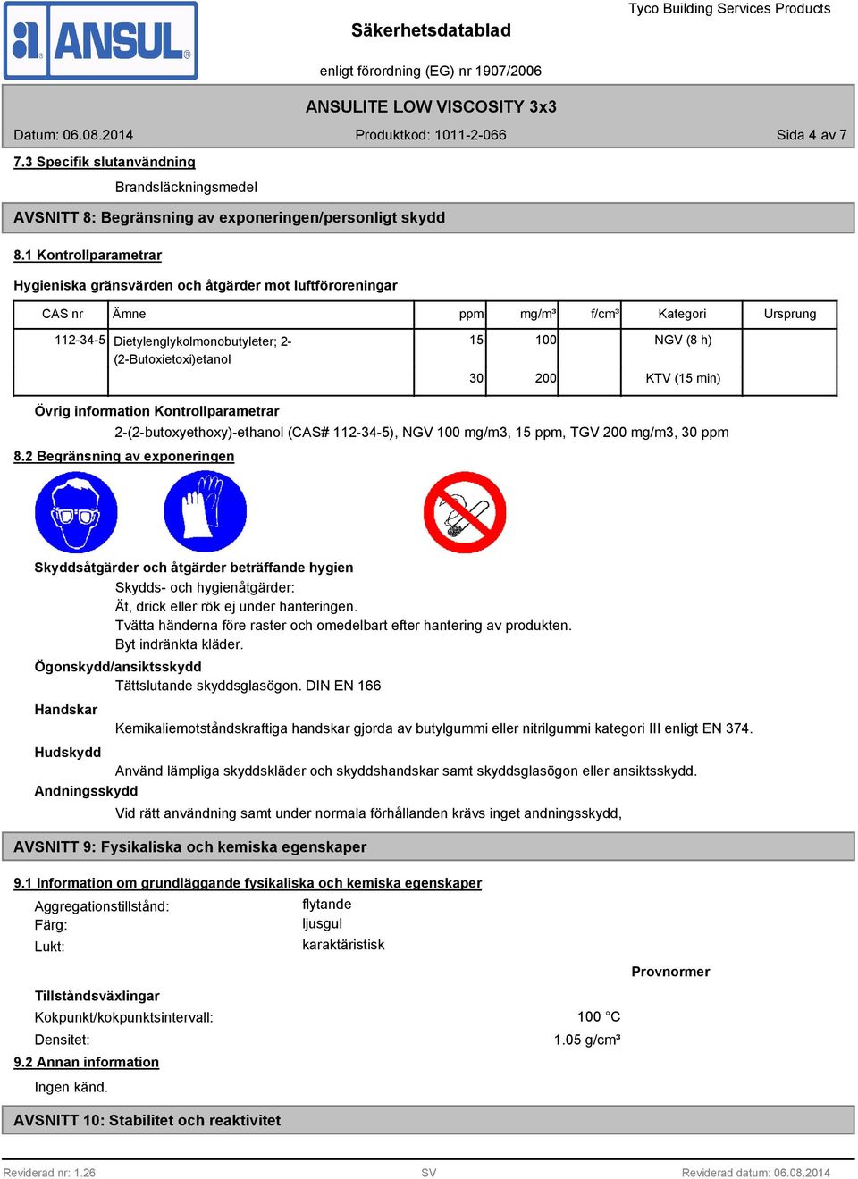 h) KTV (15 min) Övrig information Kontrollparametrar 2-(2-butoxyethoxy)-ethanol (CAS# 112-34-5), NGV 100 mg/m3, 15 ppm, TGV 200 mg/m3, 30 ppm 8.