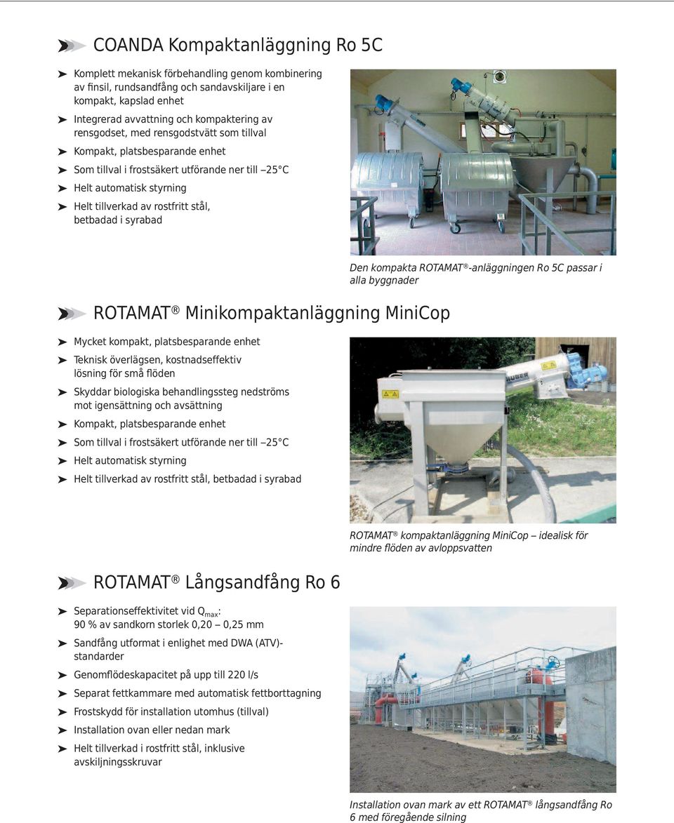 Minikompaktanläggning MiniCop Mycket kompakt, platsbesparande enhet Teknisk överlägsen, kostnadseffektiv lösning för små flöden Skyddar biologiska behandlingssteg nedströms mot igensättning och