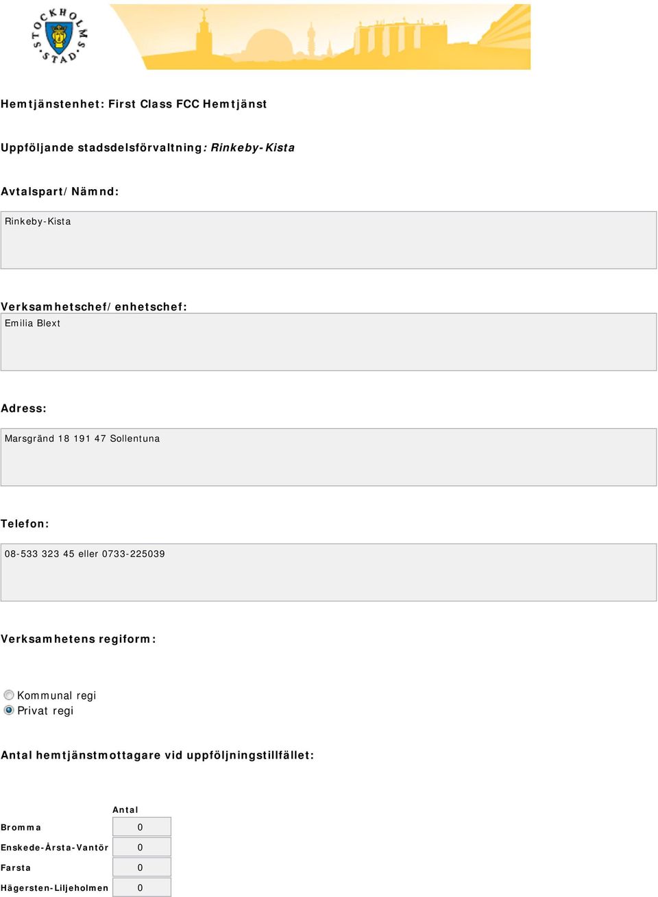 Sollentuna Telefon: 08-533 323 45 eller 0733-225039 Verksamhetens regiform: Kommunal regi Privat regi