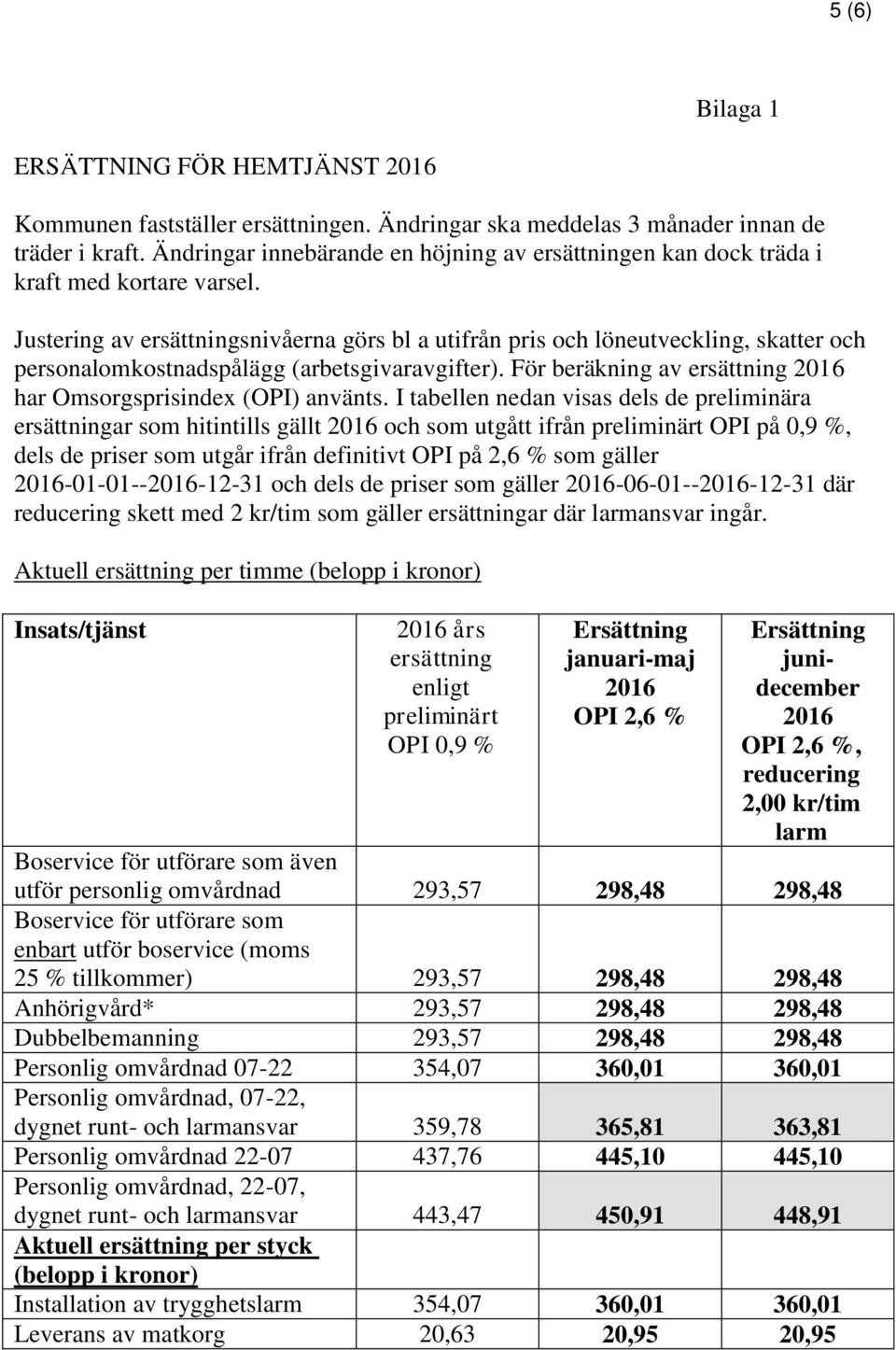 Justering av ersättningsnivåerna görs bl a utifrån pris och löneutveckling, skatter och personalomkostnadspålägg (arbetsgivaravgifter). För beräkning av ersättning har Omsorgsprisindex (OPI) använts.