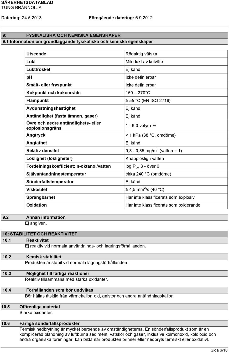 Kokpunkt och kokområde 150 370 C Flampunkt 55 C (EN ISO 2719) Avdunstningshastighet Antändlighet (fasta ämnen, gaser) Övre och nedre antändlighets- eller explosionsgräns Ångtryck Ångtäthet Ej känd Ej