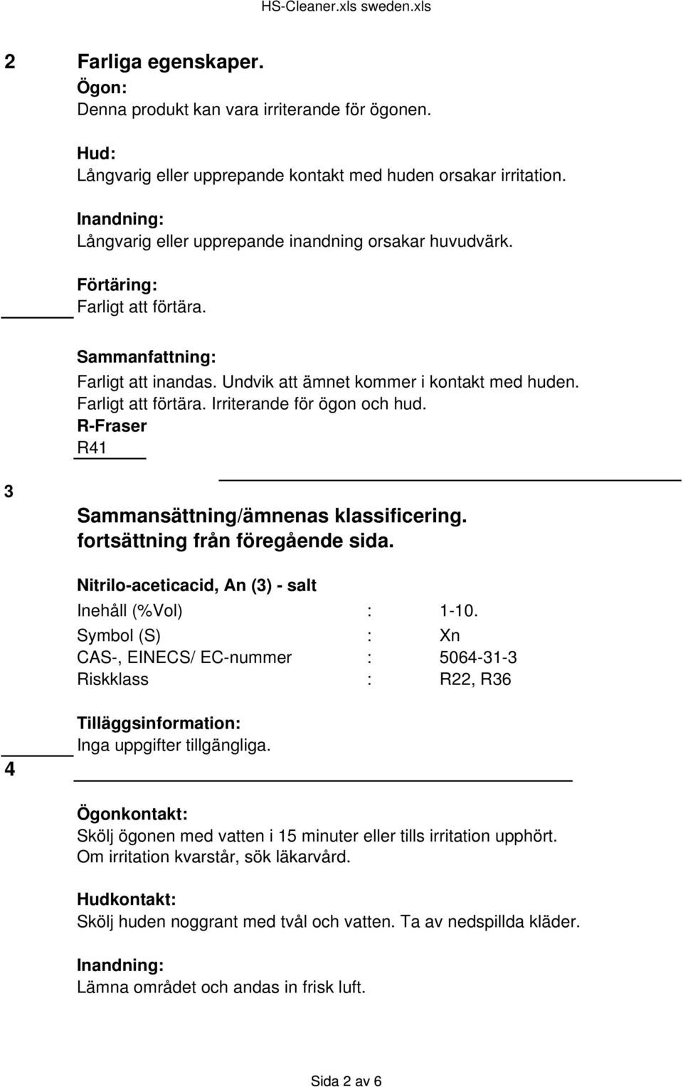 Farligt att förtära. Irriterande för ögon och hud. R-Fraser R41 3 Sammansättning/ämnenas klassificering. fortsättning från föregående sida.