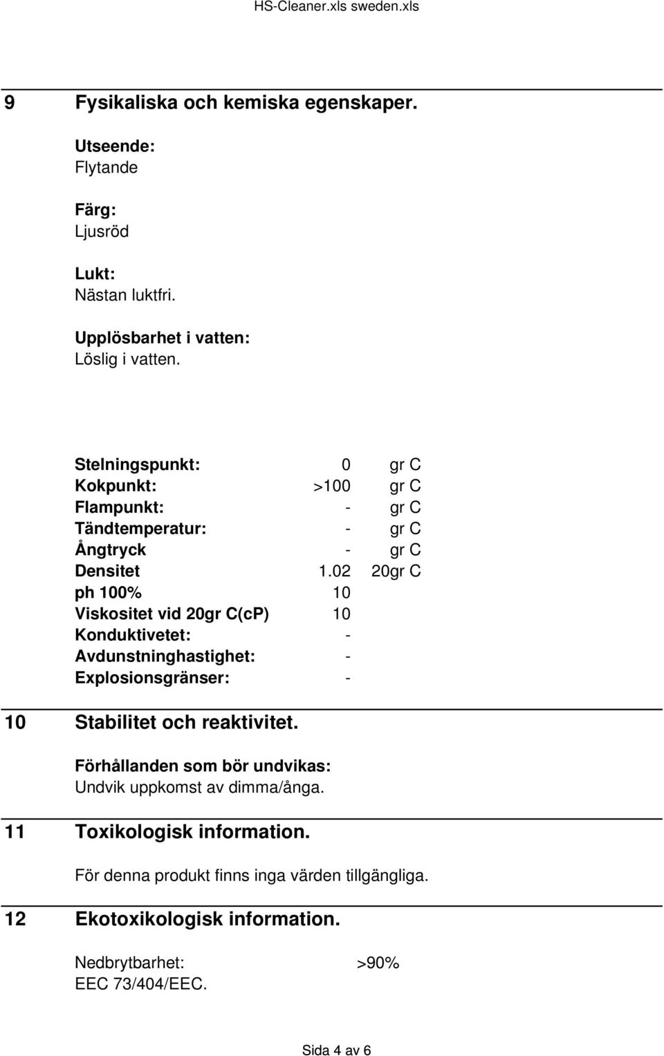 02 20gr C ph 100% 10 Viskositet vid 20gr C(cP) 10 Konduktivetet: - Avdunstninghastighet: - Explosionsgränser: - 10 Stabilitet och reaktivitet.