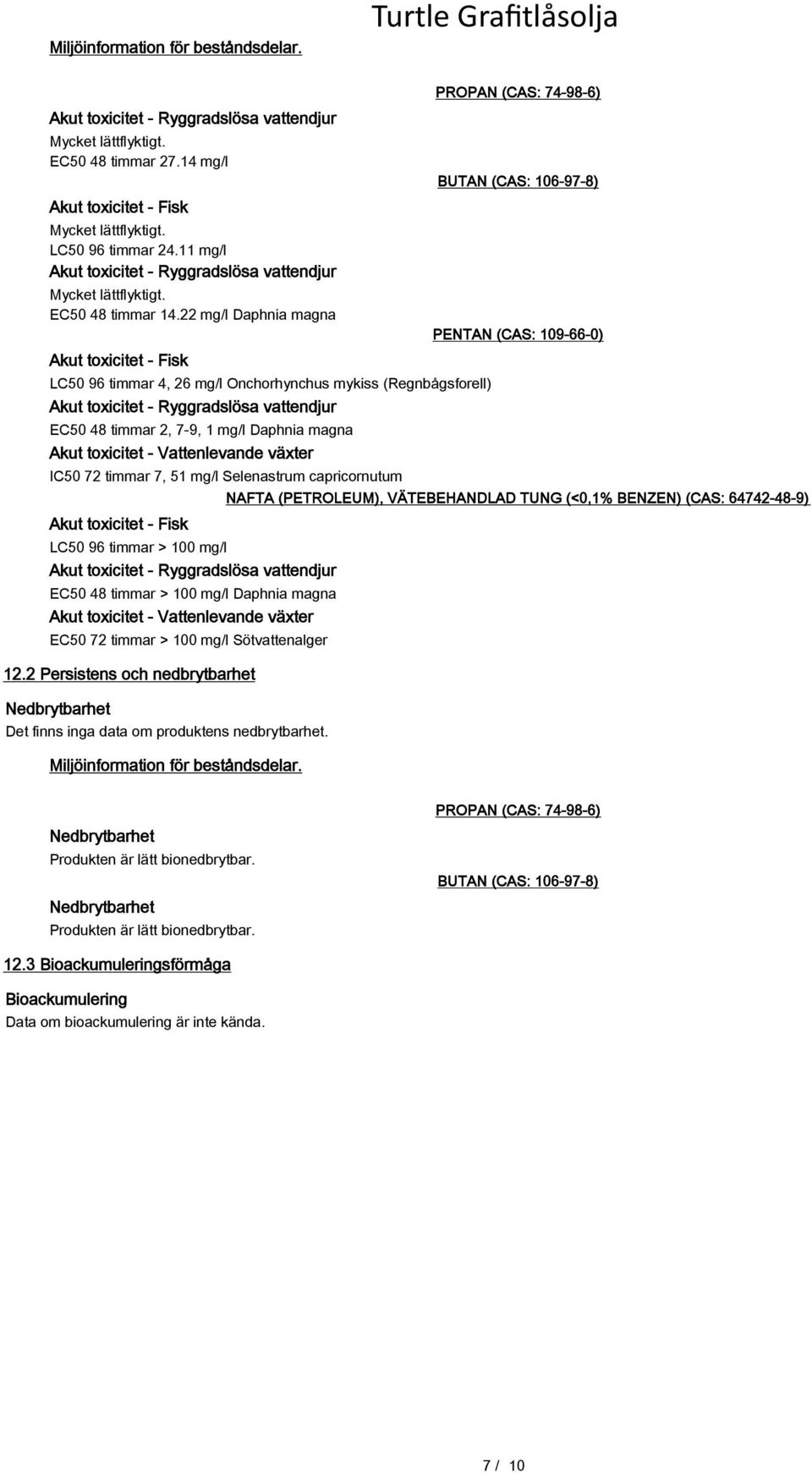 22 mg/l Daphnia magna Akut toxicitet - Fisk LC50 96 timmar 4, 26 mg/l Onchorhynchus mykiss (Regnbågsforell) Akut toxicitet - Ryggradslösa vattendjur EC50 48 timmar 2, 7-9, 1 mg/l Daphnia magna Akut