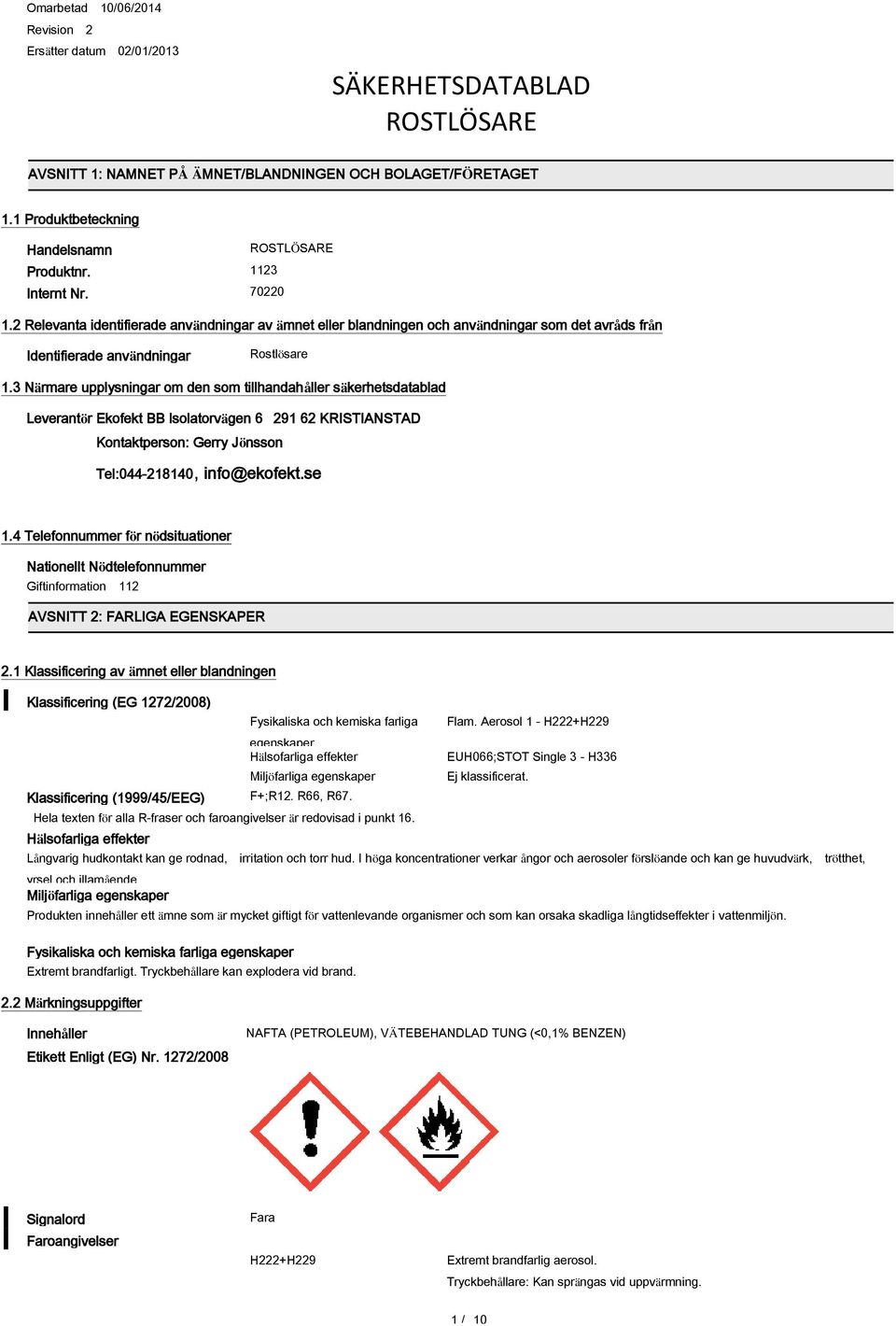 3 Närmare upplysningar om den som tillhandahåller säkerhetsdatablad Leverantör Ekofekt BB Isolatorvägen 6 291 62 KRISTIANSTAD Kontaktperson: Gerry Jönsson Tel:044-218140, info@ekofekt.se 1.