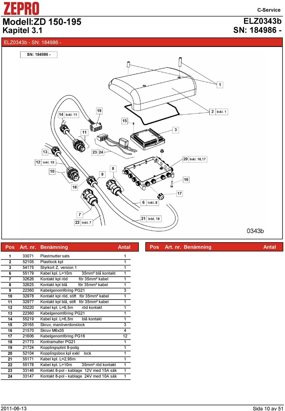 stift för 5mm² kabel 550 Kabel kpl. L=6,5m röd kontakt 60 Kabelgenomföring PG 559 Kabel kpl.