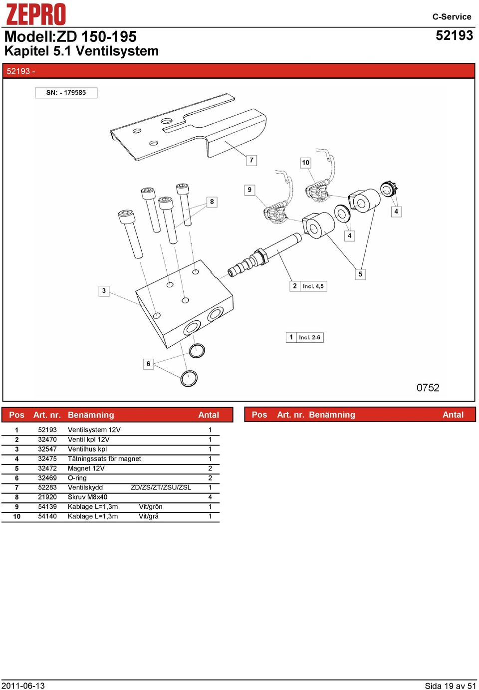 kpl 75 Tätningssats för magnet 5 7 Magnet V 6 69 O-ring 7 58