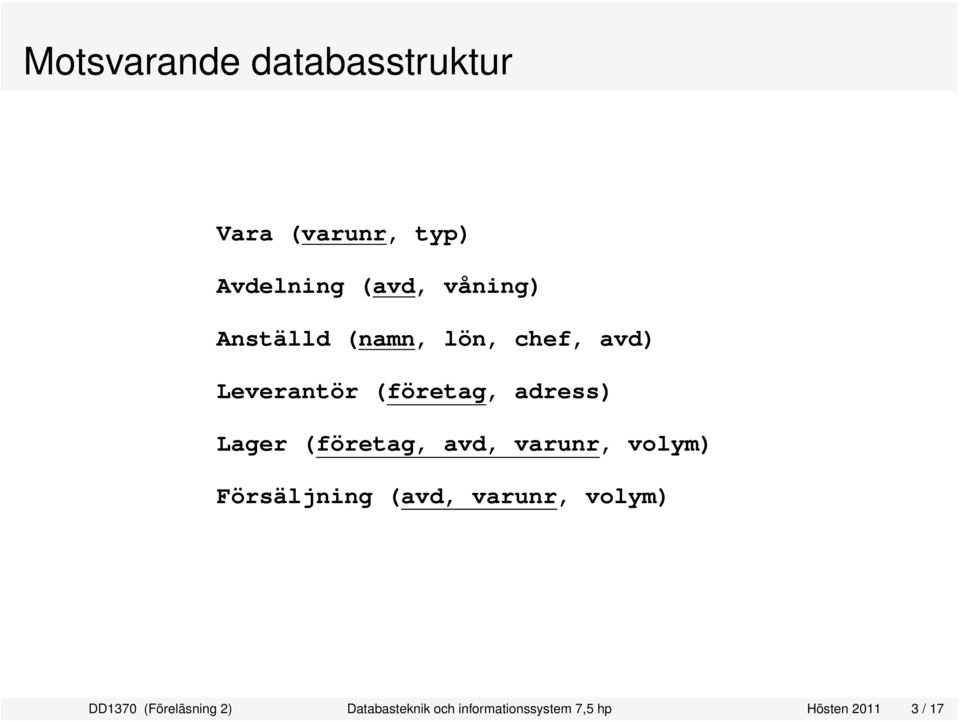 (företag, avd, varunr, volym) Försäljning (avd, varunr, volym) DD1370