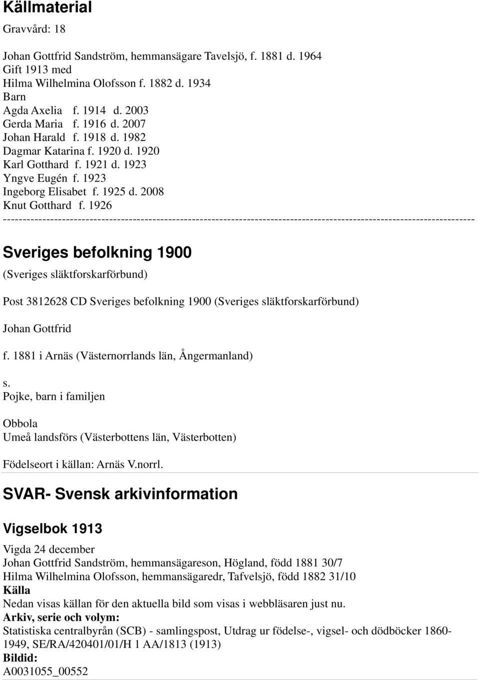 1926 - Sveriges befolkning 1900 Post 3812628 CD Sveriges befolkning 1900 Johan Gottfrid f. 1881 i Arnäs (Västernorrlands län, Ångermanland) s.