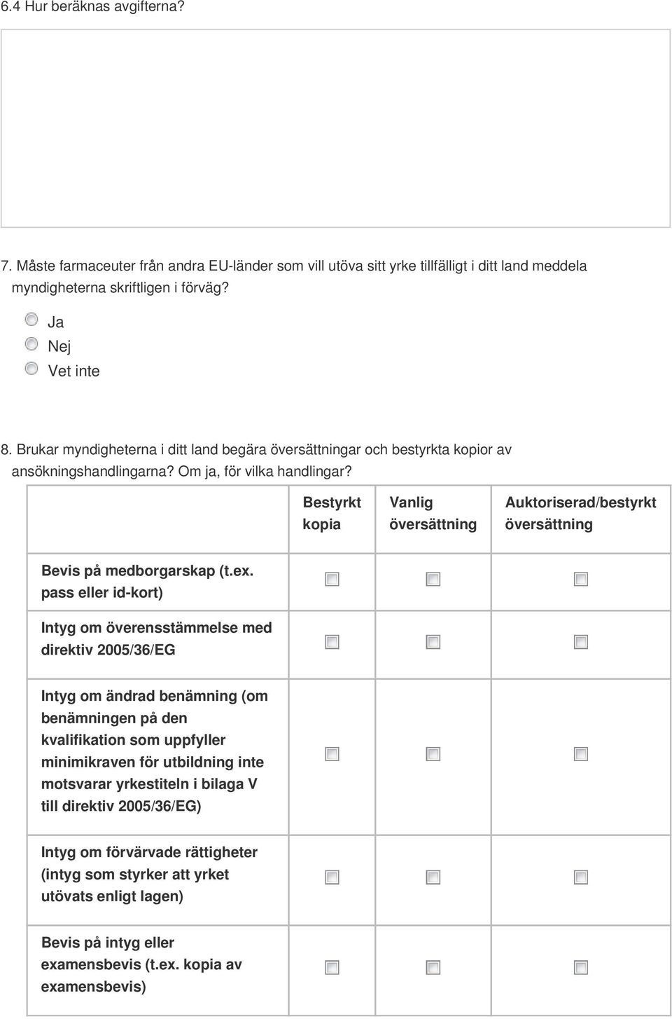 Bestyrkt kopia Vanlig översättning Auktoriserad/bestyrkt översättning Bevis på medborgarskap (t.ex.