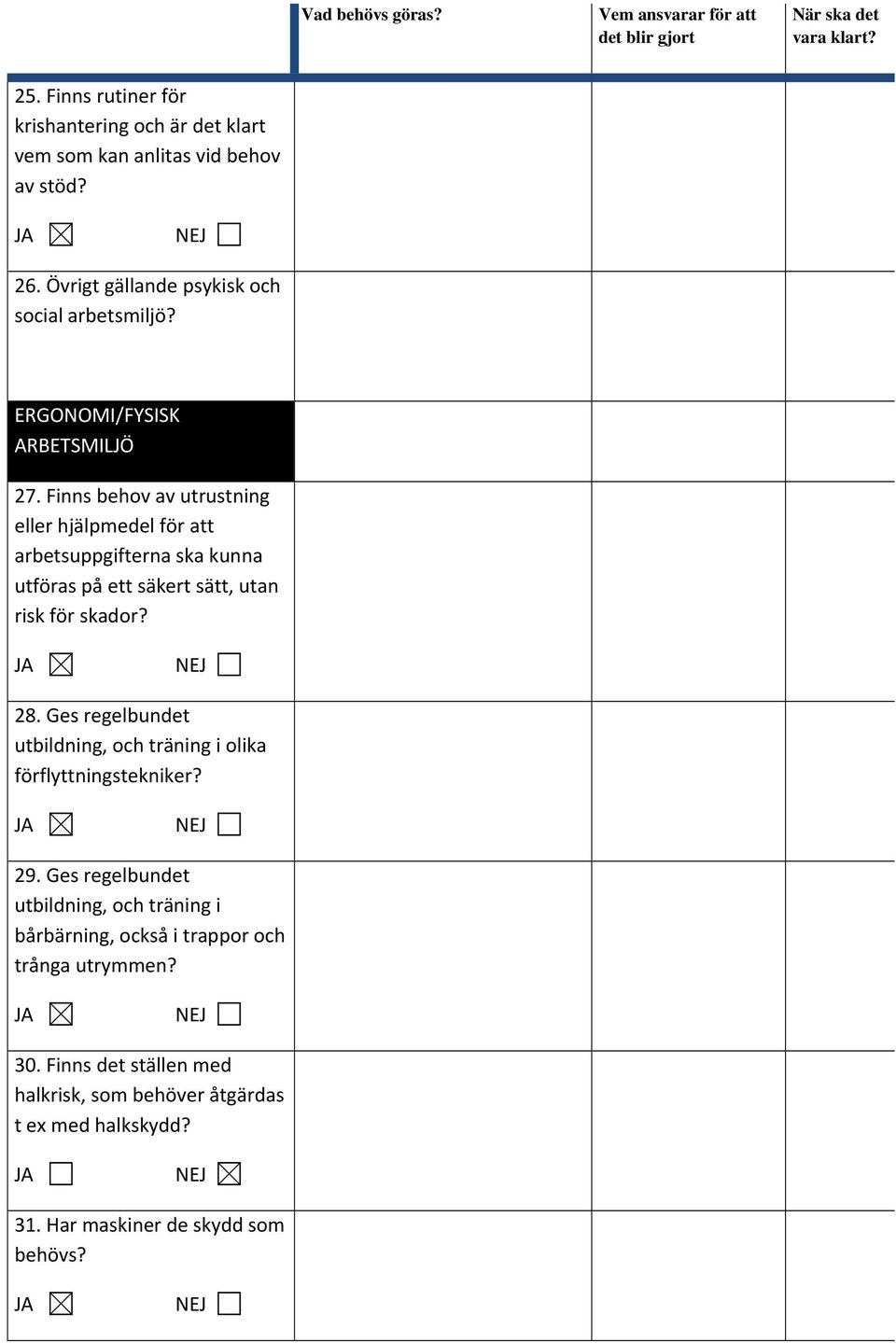 Finns behov av utrustning eller hjälpmedel för att arbetsuppgifterna ska kunna utföras på ett säkert sätt, utan risk för skador? 28.