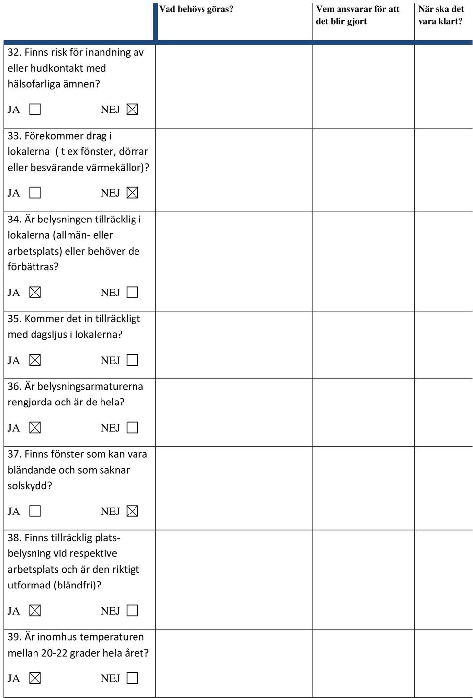 Är belysningen tillräcklig i lokalerna (allmän eller arbetsplats) eller behöver de förbättras? 35. Kommer det in tillräckligt med dagsljus i lokalerna? 36.