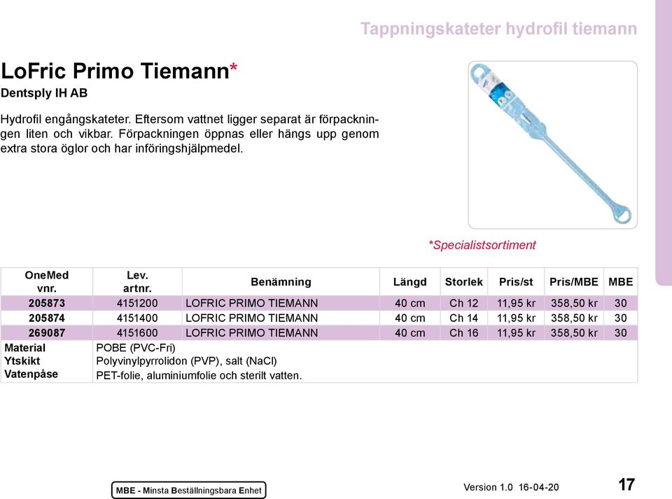 Benämning Längd Storlek Pris/st Pris/MBE MBE 205873 4151200 LOFRIC PRIMO TIEMANN 40 cm Ch 12 11,95 kr 358,50 kr 30 205874 4151400 LOFRIC PRIMO TIEMANN 40 cm Ch 14 11,95