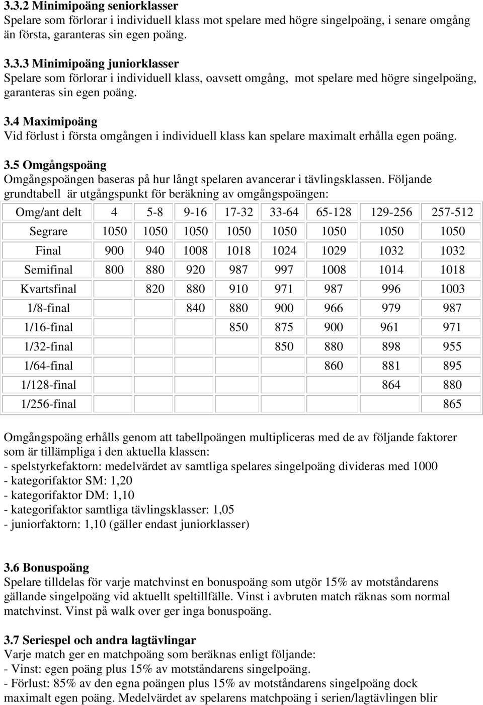 Följande grundtabell är utgångspunkt för beräkning av omgångspoängen: Omg/ant delt 4 5-8 9-16 17-32 33-64 65-128 129-256 257-512 Segrare 1050 1050 1050 1050 1050 1050 1050 1050 Final 900 940 1008