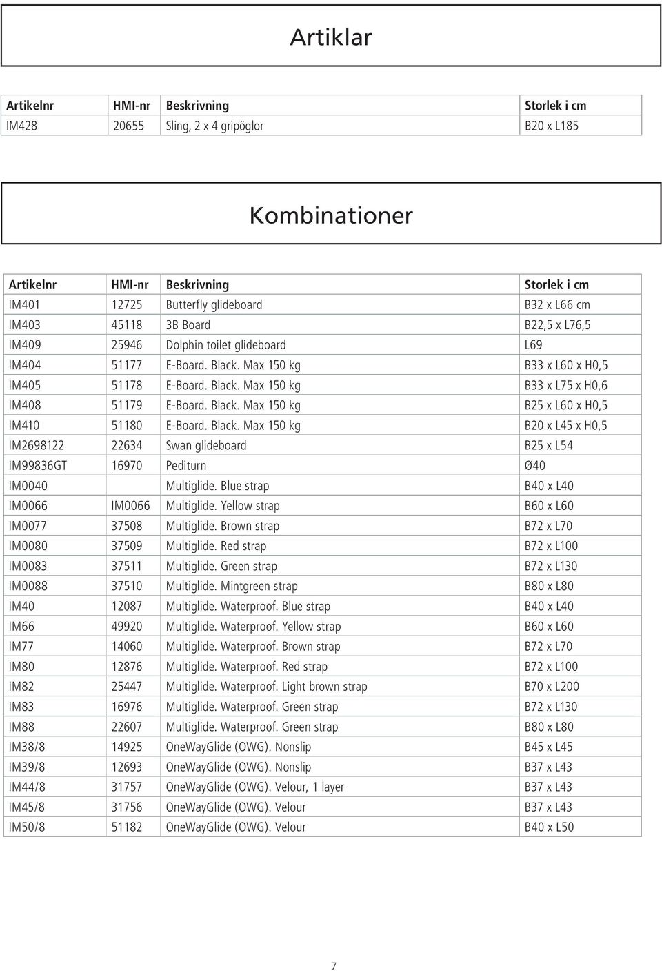 Black. Max 150 kg B25 x L60 x H0,5 IM410 51180 E-Board. Black. Max 150 kg B20 x L45 x H0,5 IM2698122 22634 Swan glideboard B25 x L54 IM99836GT 16970 Pediturn Ø40 IM0040 Multiglide.