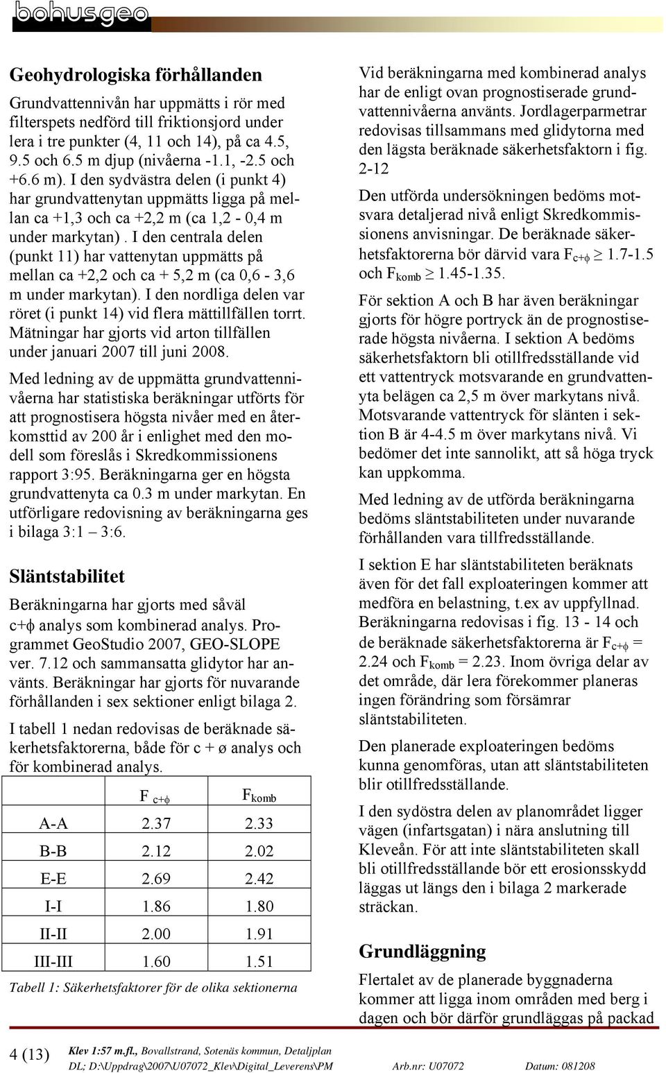 I den centrala delen (punkt 11) har vattenytan uppmätts på mellan ca +2,2 och ca + 5,2 m (ca,6-3,6 m under markytan). I den nordliga delen var röret (i punkt 14) vid flera mättillfällen torrt.