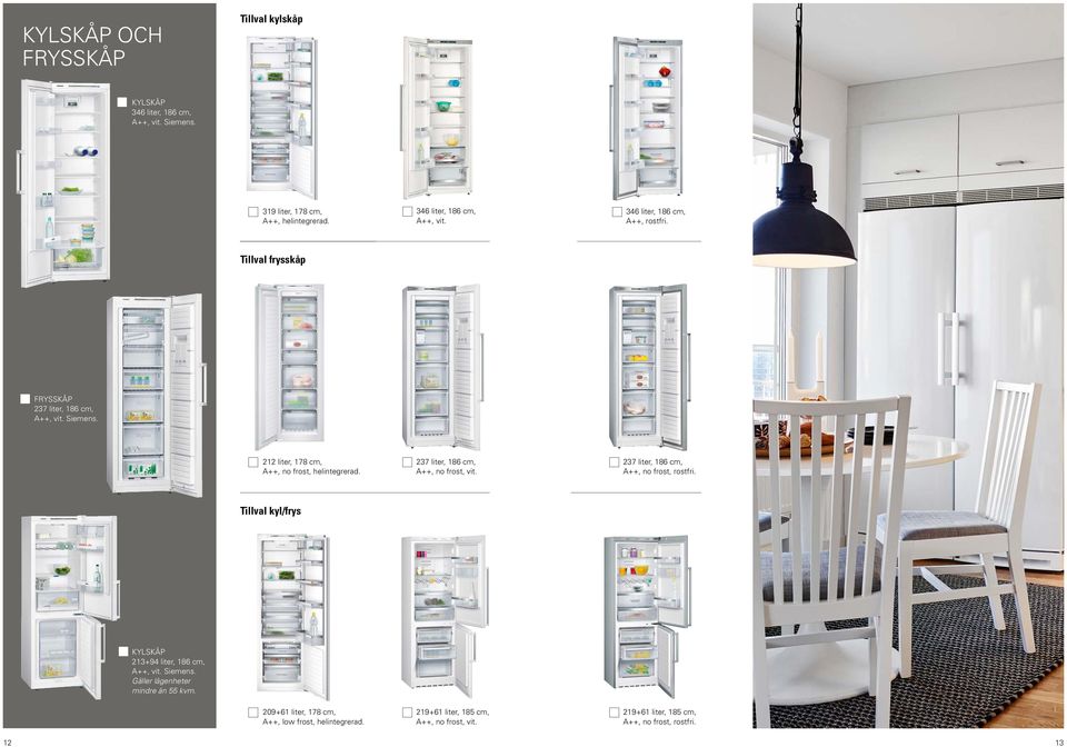 237 liter, 186 cm, A++, no frost, rostfri. Tillval kyl/frys KYLSKÅP 213+94 liter, 186 cm, A++, vit. Siemens. Gäller lägenheter mindre än 55 kvm.