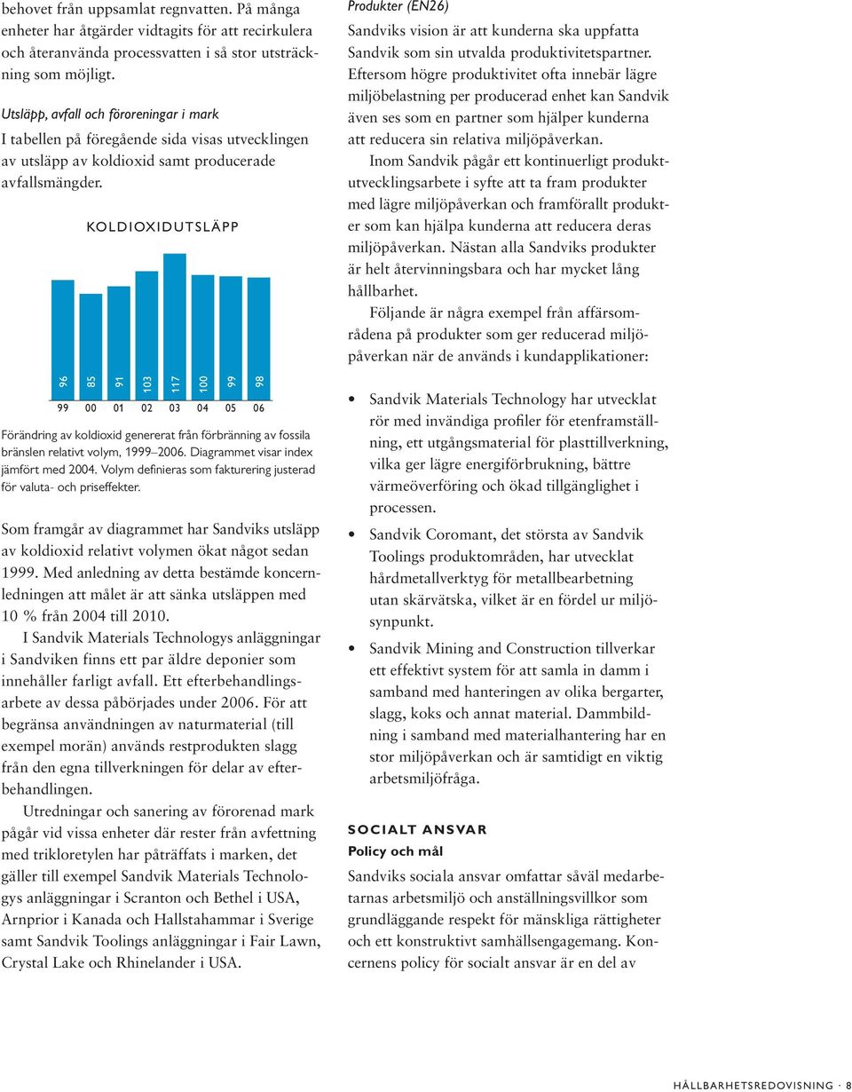 96 99 KOLDIOXIDUTSLÄPP 85 00 91 01 103 02 Förändring av koldioxid genererat från förbränning av fossila bränslen relativt volym, 1999 2006. Diagrammet visar index jämfört med 2004.