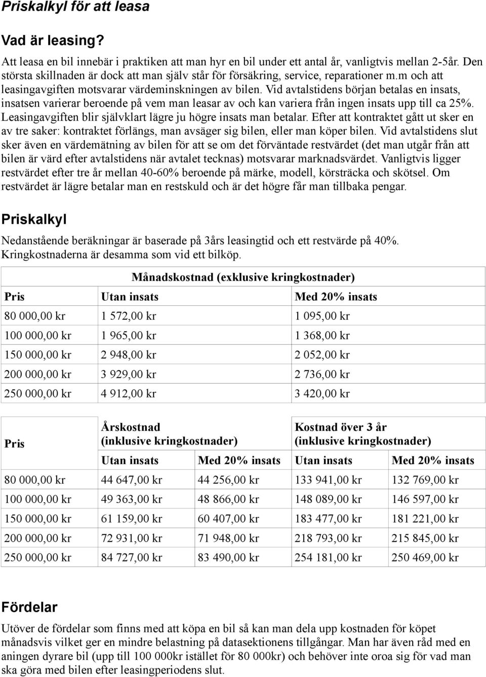 Vid avtalstidens början betalas en insats, insatsen varierar beroende på vem man leasar av och kan variera från ingen insats upp till ca 25%.