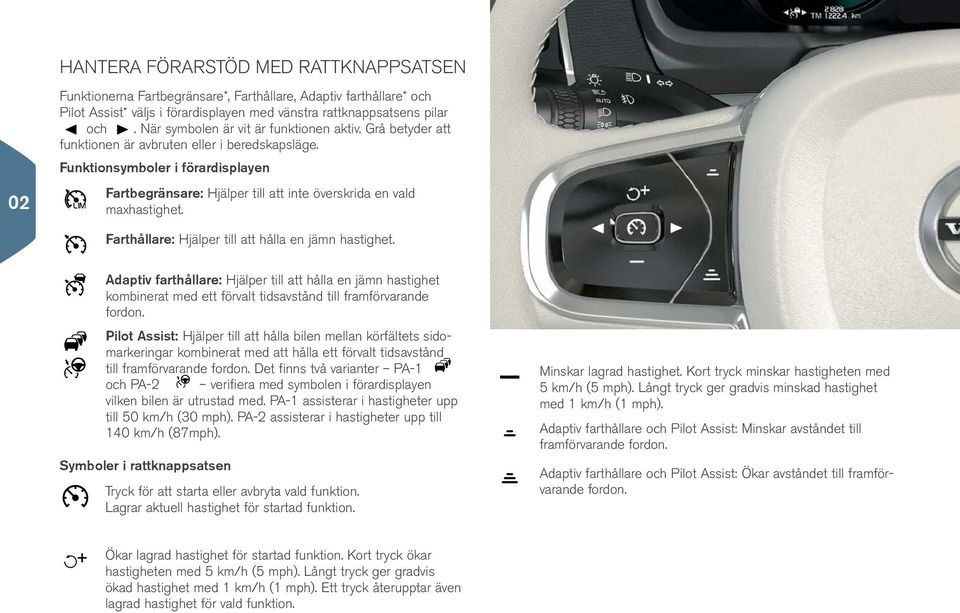 Funktionsymboler i förardisplayen Fartbegränsare: Hjälper till att inte överskrida en vald maxhastighet. Farthållare: Hjälper till att hålla en jämn hastighet.