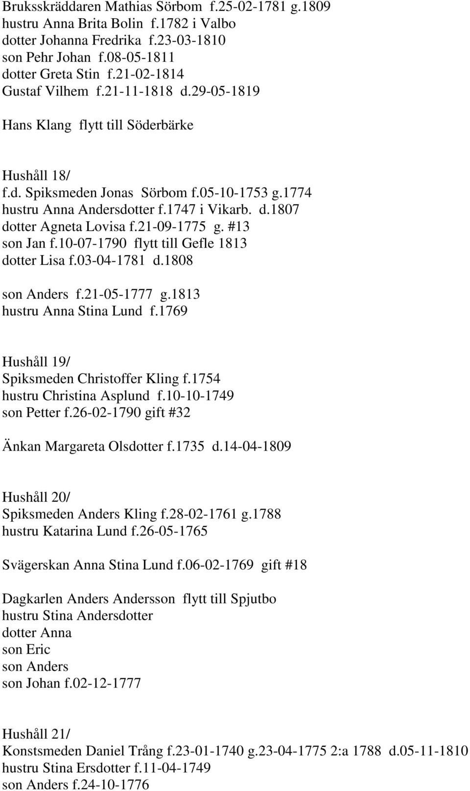 21-09-1775 g. #13 son Jan f.10-07-1790 flytt till Gefle 1813 dotter Lisa f.03-04-1781 d.1808 son Anders f.21-05-1777 g.1813 hustru Anna Stina Lund f.1769 Hushåll 19/ Spiksmeden Christoffer Kling f.