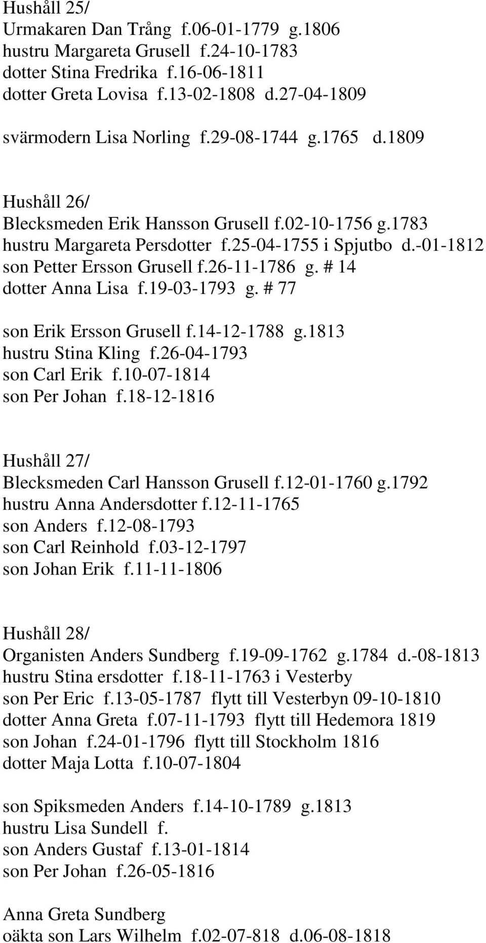 # 14 dotter Anna Lisa f.19-03-1793 g. # 77 son Erik Ersson Grusell f.14-12-1788 g.1813 hustru Stina Kling f.26-04-1793 son Carl Erik f.10-07-1814 son Per Johan f.