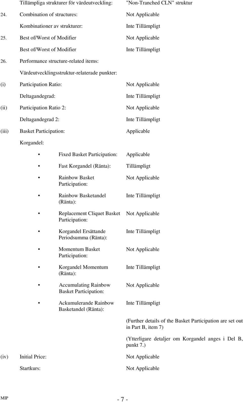 Performance structure-related items: Värdeutvecklingsstruktur-relaterade punkter: (i) Participation Ratio: Not Applicable Deltagandegrad: (ii) Participation Ratio 2: Not Applicable Deltagandegrad 2: