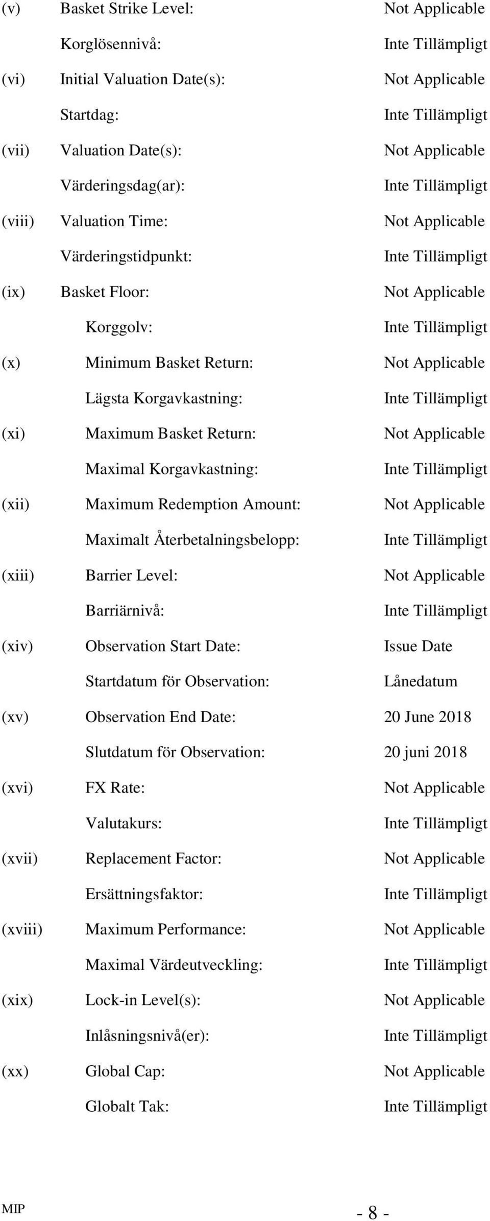 Korgavkastning: (xii) Maximum Redemption Amount: Not Applicable Maximalt Återbetalningsbelopp: (xiii) Barrier Level: Not Applicable Barriärnivå: (xiv) Observation Start Date: Issue Date Startdatum