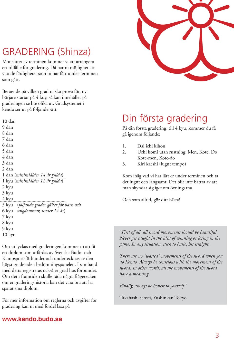 Gradsystemet i kendo ser ut på följande sätt: 10 dan 9 dan 8 dan 7 dan 6 dan 5 dan 4 dan 3 dan 2 dan 1 dan (minimiålder 14 år fyllda) 1 kyu (minimiålder 12 år fyllda) 2 kyu 3 kyu 4 kyu 5 kyu