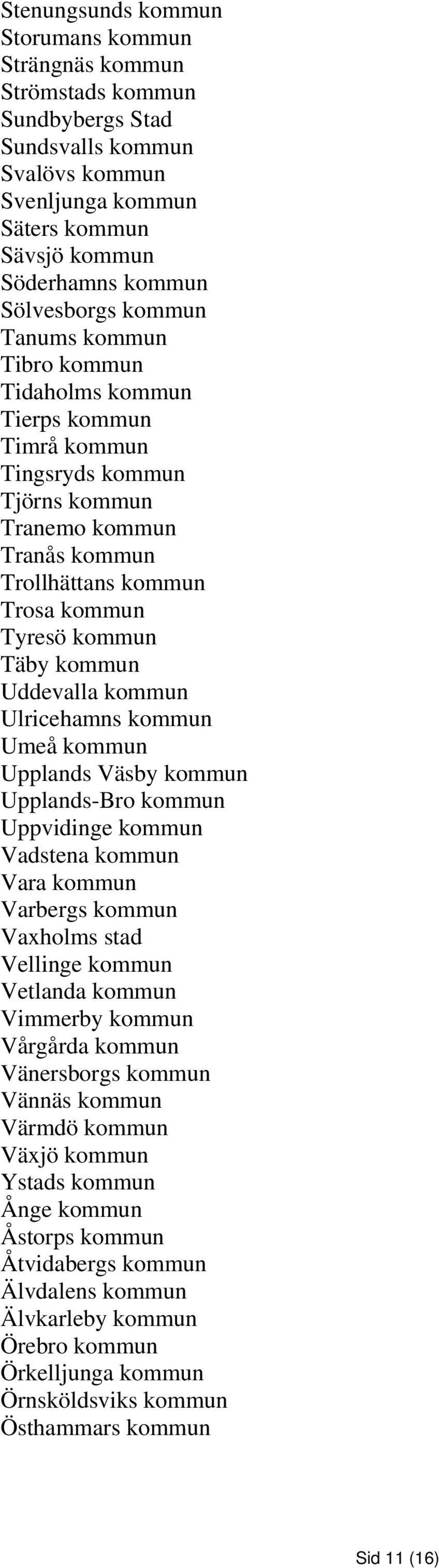 Uddevalla kommun Ulricehamns kommun Umeå kommun Upplands Väsby kommun Upplands-Bro kommun Uppvidinge kommun Vadstena kommun Vara kommun Varbergs kommun Vaxholms stad Vellinge kommun Vetlanda kommun