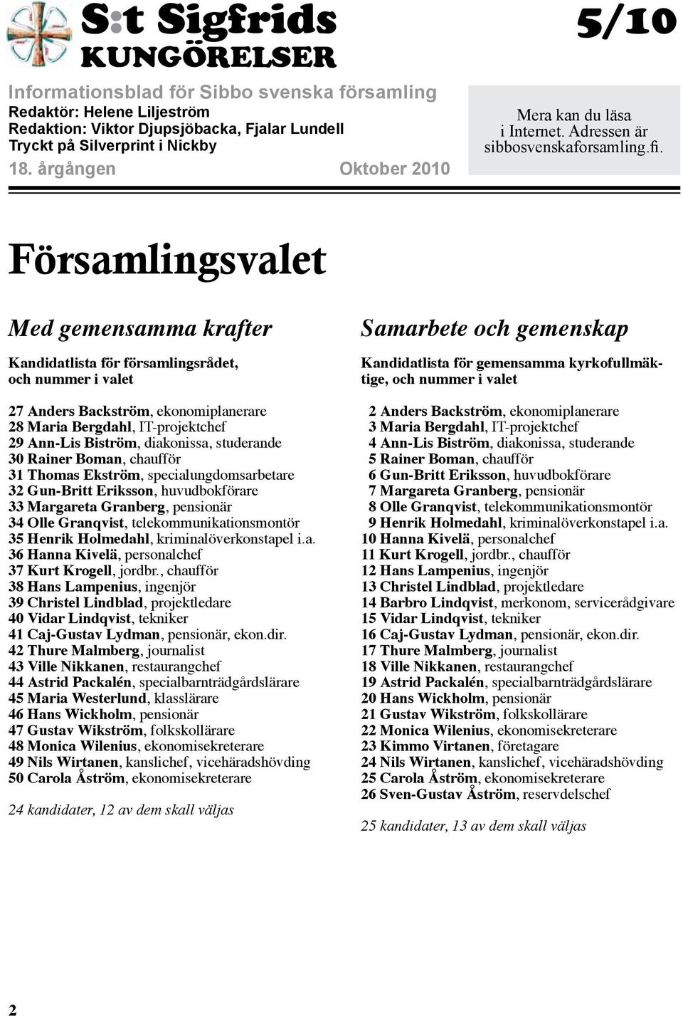 Församlingsvalet Med gemensamma krafter Kandidatlista för församlingsrådet, och nummer i valet 27 Anders Backström, ekonomiplanerare 28 Maria Bergdahl, IT-projektchef 29 Ann-Lis Biström, diakonissa,