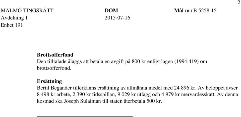 Ersättning Bertil Begander tillerkänns ersättning av allmänna medel med 24 896 kr.