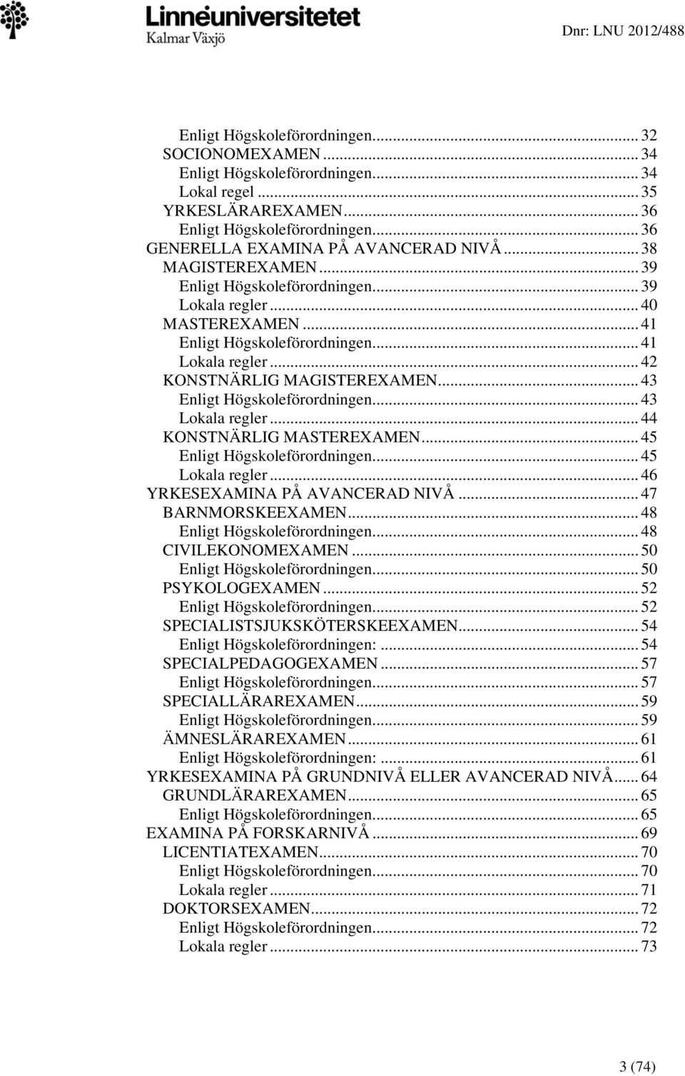 .. 43 Enligt Högskoleförordningen... 43 Lokala regler... 44 KONSTNÄRLIG MASTEREXAMEN... 45 Enligt Högskoleförordningen... 45 Lokala regler... 46 YRKESEXAMINA PÅ AVANCERAD NIVÅ... 47 BARNMORSKEEXAMEN.