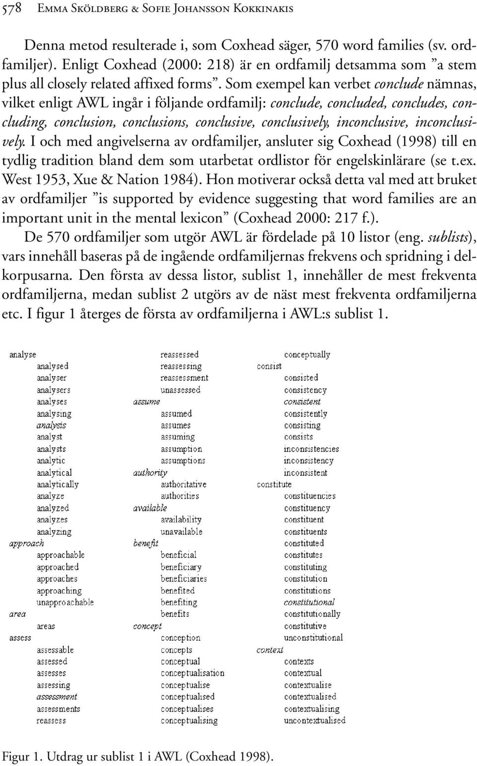 Som exempel kan verbet conclude nämnas, vilket enligt AWL ingår i följande ordfamilj: conclude, concluded, concludes, concluding, conclusion, conclusions, conclusive, conclusively, inconclusive,